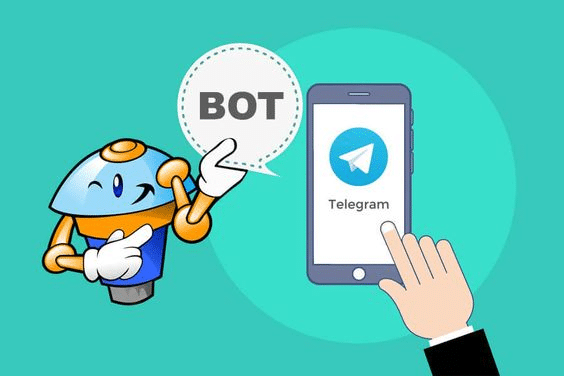 A hand is holding a phone next to a robot with the word "Telegram Chatbot" on it.