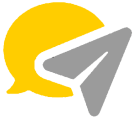 A yellow and grey logo with a yellow and grey speech bubble.